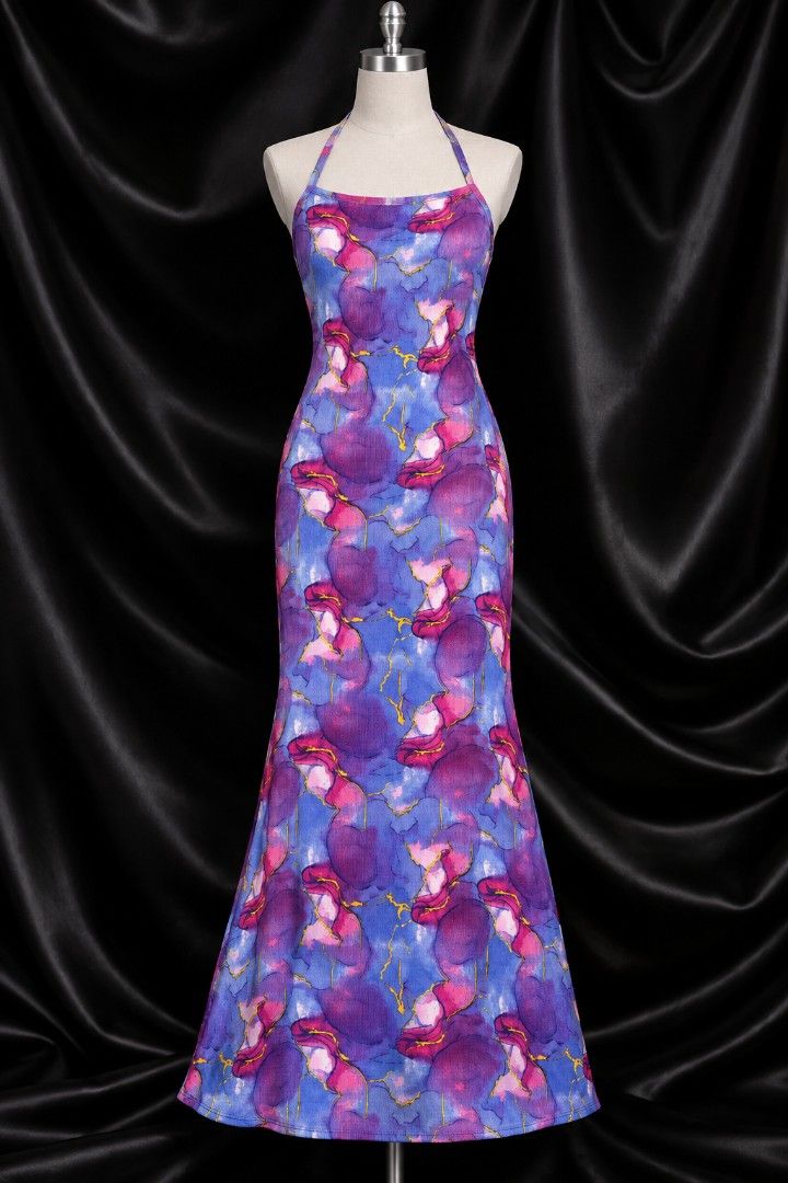 Purple knitted Halter Maxi Dress (Category: Dresses) located in Bulacan. Submitted by heathersdream.c0 (Listing ID 1470814069, Image 1). Description: XS-M - Style: Floor-length maxi dress with halter neck and thin straps - Design: Vibrant abstract watercolor print in shades of blue, purple, pink, and yellow - Fit: Fitted bodice that flares out gently toward the hem - Material: Smooth, lightweight, and comfortable fabric - Occasion: Perfect for su
