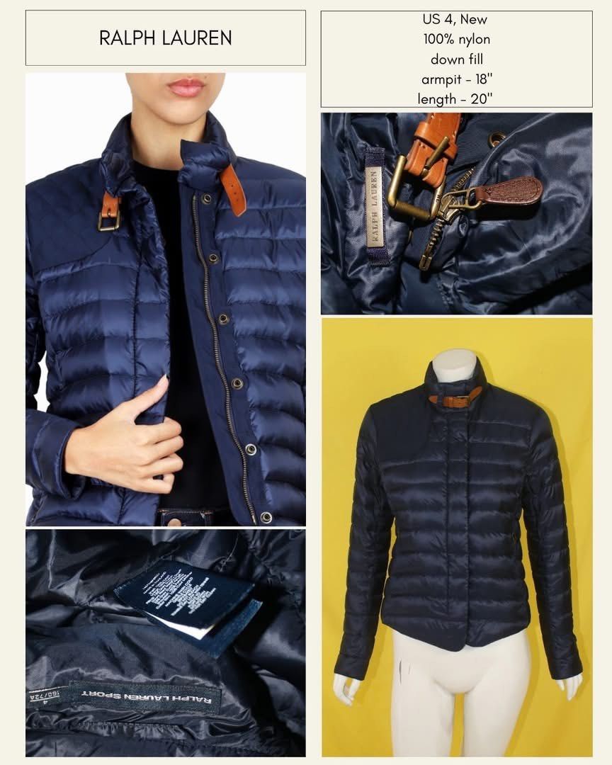 Ralph Lauren Puffer Jacket (Category: Coats, Jackets and Outerwear) located in Bacacay. Submitted by curatedsbyjj (Listing ID 1470879714, Image 2). Description: Authentic Ralph Lauren navy blue puffer jacket. US Size 4, down fill, 100% nylon. Features a stylish collar buckle and front zip with snap buttons. Pristine Condition, Kindly see photo for the measurement. (This is the only photo available, so kindly refrain from requesting additional pho