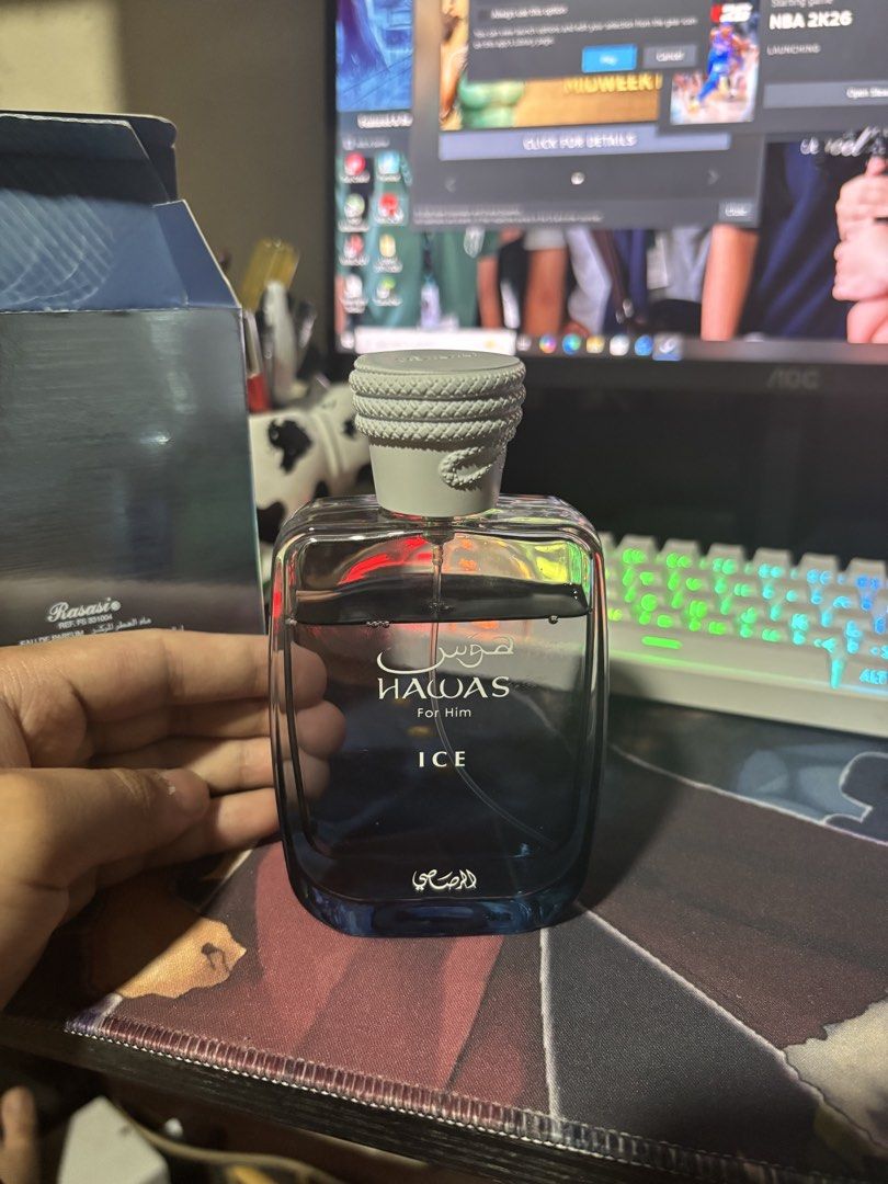 Rasasi Hawas Ice Eau De Parfum 100ml (Category: Fragrance & Deodorants) located in Quezon City. Submitted by ravalotyru50071 (Listing ID 1470925445, Image 2). Description: - Brand: Rasasi Hawas Ice for Men - Concentration: Eau de Parfum (EDP) - Size: 100ml - Condition: Freshly opened to check juice level (nearly full) - Inclusions: Comes with original box - Performance: Incredible projection, perfect as an everyday signature scent - Shipping: Rea