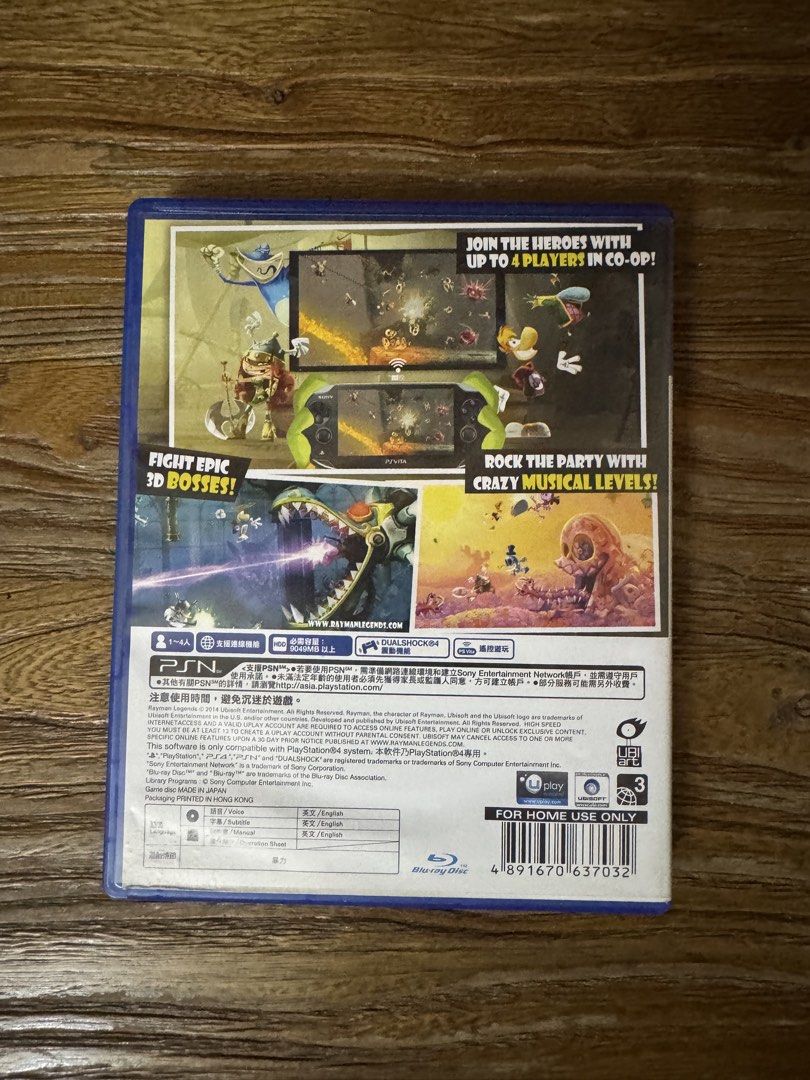 Rayman Legends PS4 Game Disc with Case (Category: PlayStation) located in Las Pinas. Submitted by emdjss (Listing ID 1470807470, Image 3). Description: - Platform: PlayStation 4 (PS4) - Condition: Disc works perfectly, case has minor shelf wear - Region: Asia (English voice and subtitles) - Rating: PEGI 3 (Family-friendly) - Features: Up to 4-player co-op, epic 3D bosses, and iconic musical levels - Inclusions: Original case and game disc.