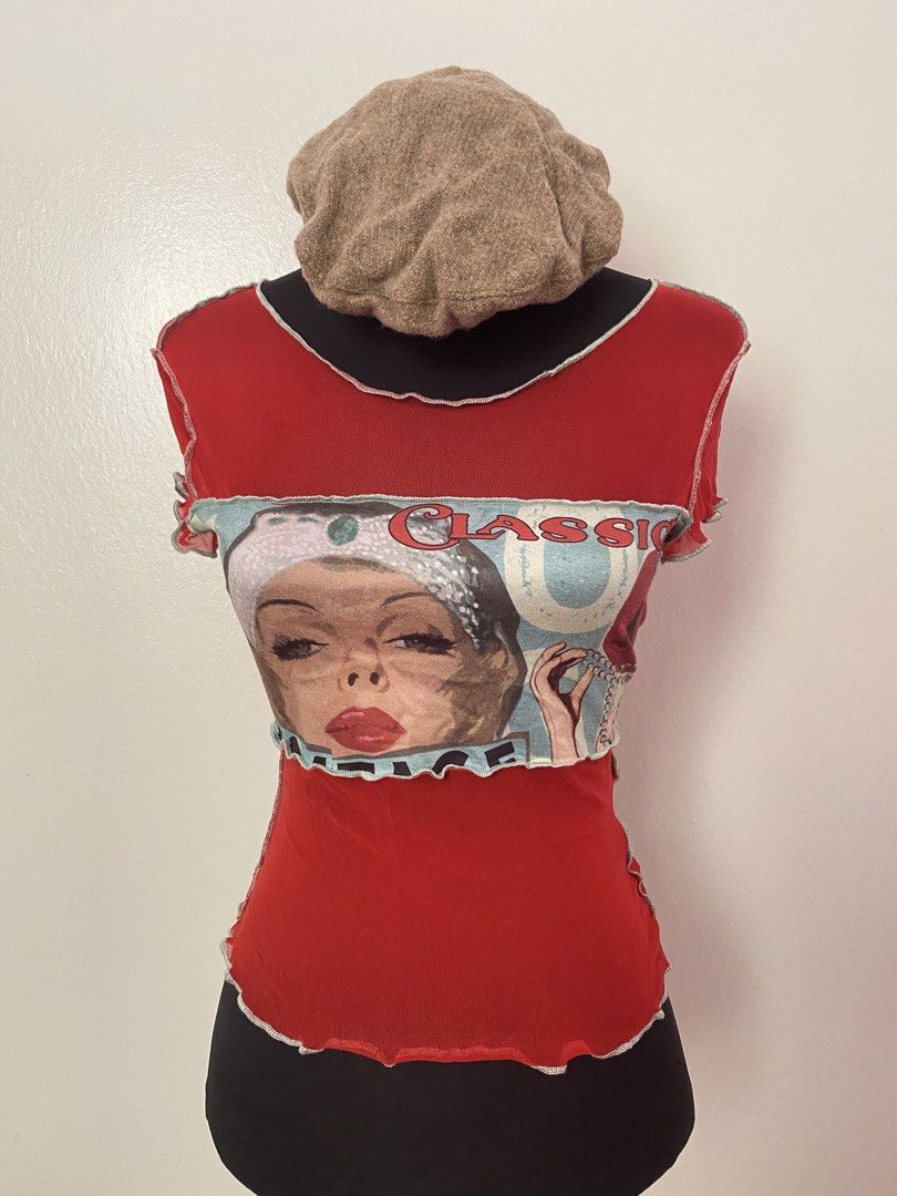 Red Graphic Mesh Top with Lettuce Trim (Category: Shirts) located in Pasay City. Submitted by violetttttttttttttt (Listing ID 1470820358, Image 1). Description: - Color: Bright red with contrasting white exposed stitching - Design: Vintage portrait graphic with "CLASSIC" text - Details: Sheer mesh fabric, trendy lettuce edge hems, scoop neckline - Fit: Slim fit, short sleeves, lightweight and stretchy material - Condition: Brand new / Excellent -