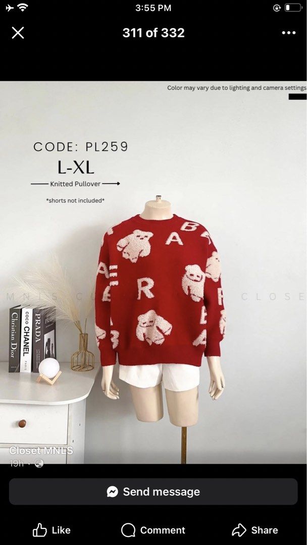 Red Knitted Pullover Bear Motif L-XL PL259 (Category: Longsleeves) located in Mandaluyong City. Submitted by iamprettywow (Listing ID 1470845067, Image 1). Description: - Fits Small to Large size 42 bust - Style: Red knitted pullover with fuzzy white bear and letter pattern - Size: Fits L to XL - Details: Cozy crewneck with ribbed hem and cuffs - Code: PL259 - Note: Shorts not included.