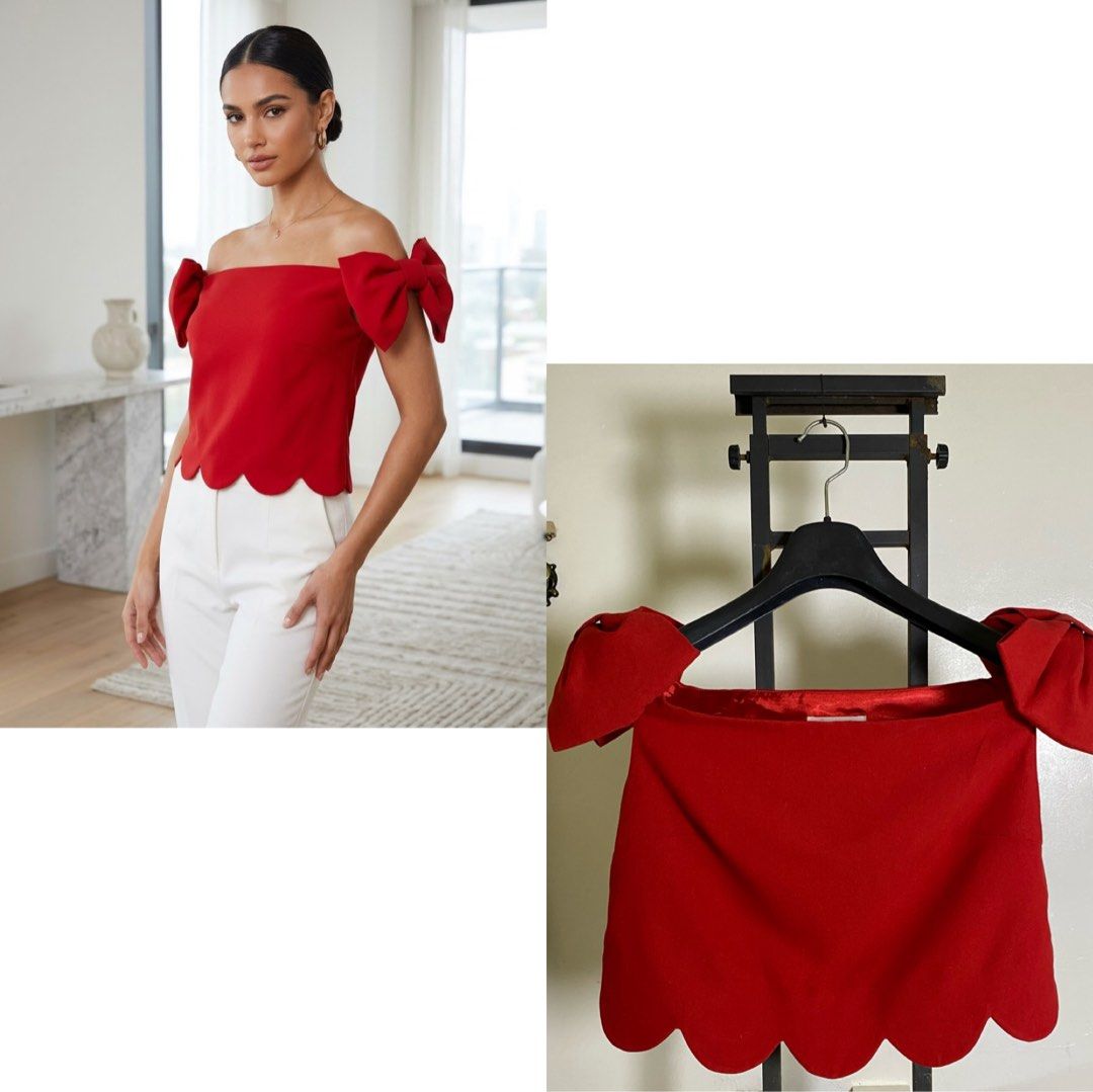 Red Off-Shoulder Bow Top Size S (Category: Blouses) located in Valencia. Submitted by negnikkah (Listing ID 1470810985, Image 1). Description: - Brand: Dabuwawa - Color: Red - Size: Small (S) - Style: Off-shoulder top - Details: Oversized bows on sleeves, scalloped hemline, slightly textured material - Occasion: Ideal for dinners, dates, or parties (easy to pair with trousers or a skirt).