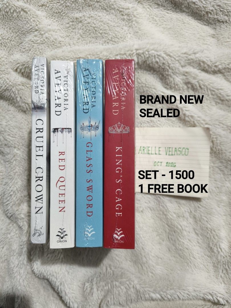 Red Queen series 4 books set (Category: Storybooks) located in Abucay. Submitted by booksbyjie (Listing ID 1470816720, Image 1). Description: - Set of 4 bestselling YA fantasy books by Victoria Aveyard - Includes: Cruel Crown, Red Queen, Glass Sword, and King's Cage - Condition: Brand new, still in original plastic seals - Selling as a complete set only -Giving you 1 Free Book (War Storm) - Message me for any questions or details RFS: In need of 