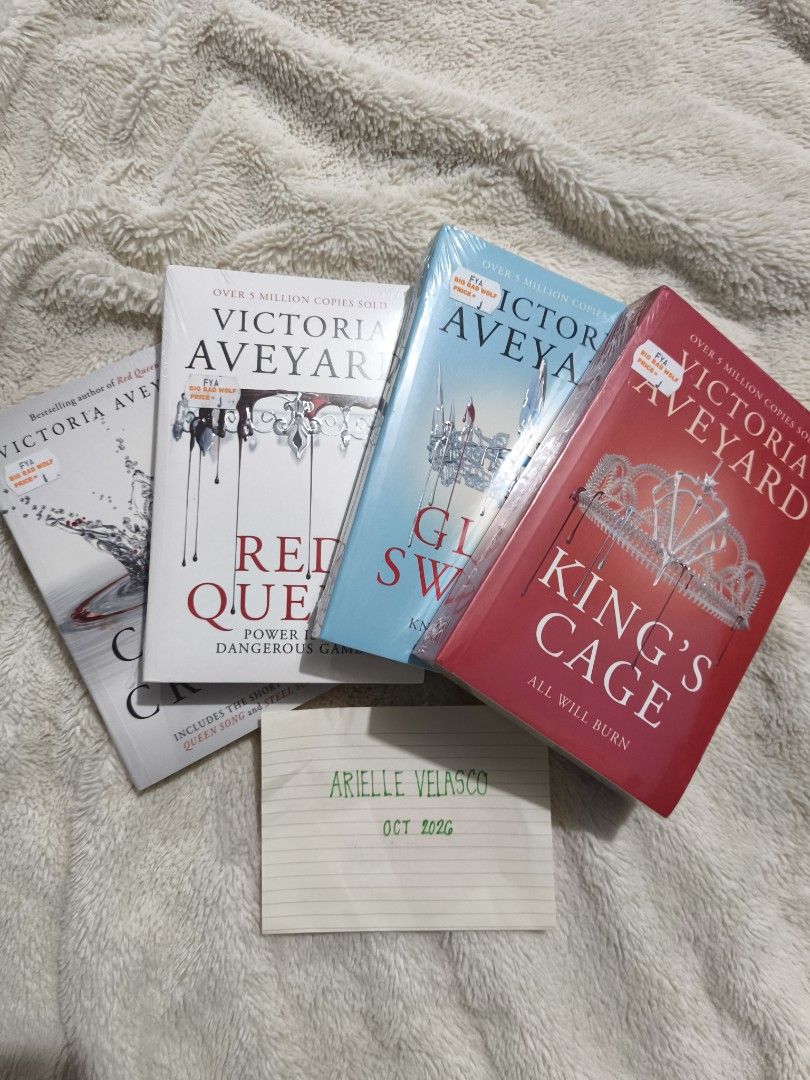 Red Queen series 4 books set (Category: Storybooks) located in Abucay. Submitted by booksbyjie (Listing ID 1470816720, Image 2). Description: - Set of 4 bestselling YA fantasy books by Victoria Aveyard - Includes: Cruel Crown, Red Queen, Glass Sword, and King's Cage - Condition: Brand new, still in original plastic seals - Selling as a complete set only -Giving you 1 Free Book (War Storm) - Message me for any questions or details RFS: In need of 