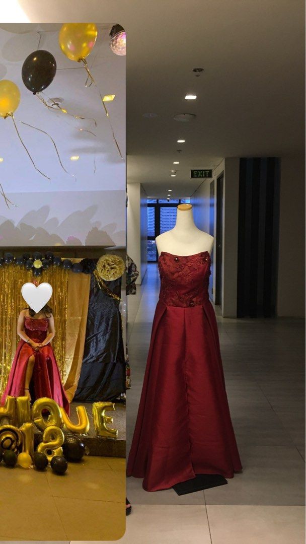 Red strapless long evening gown dress (Category: Evening dresses & gowns) located in Manila. Submitted by dominiquem37002 (Listing ID 1470860005, Image 1). Description: - Color: Deep red - Design: Strapless with detailed floral embroidery on the bodice and a long flared skirt with front pleats - Length: Floor-length - Condition: Worn once, clean, and ready to wear - Ideal for: Formal dinners, parties, and special celebrations.
