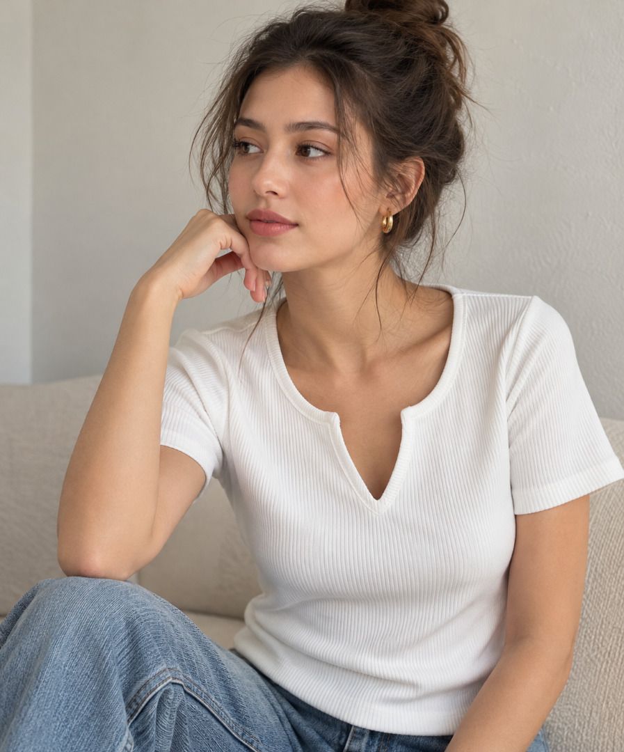 Ribbed Split Notch Neck Short Sleeve Top (White) - Small to Medium (Category: Shirts) located in Rizal. Submitted by loveyumiii (Listing ID 1470916743, Image 1). Description: ✨Buy 3 or more items and get a random top for free!!✨ FLAT LAY MEASUREMENTS Shoulder: 15 inches Bust: 15.5 inches Waist: 13.5 inches Length: 21 inches ——————————————— SIZE: Small to Medium COLOR: White MATERIAL: Ribbed Knit STYLE: Basic Casual, Korean Style, Minimalist, DETA