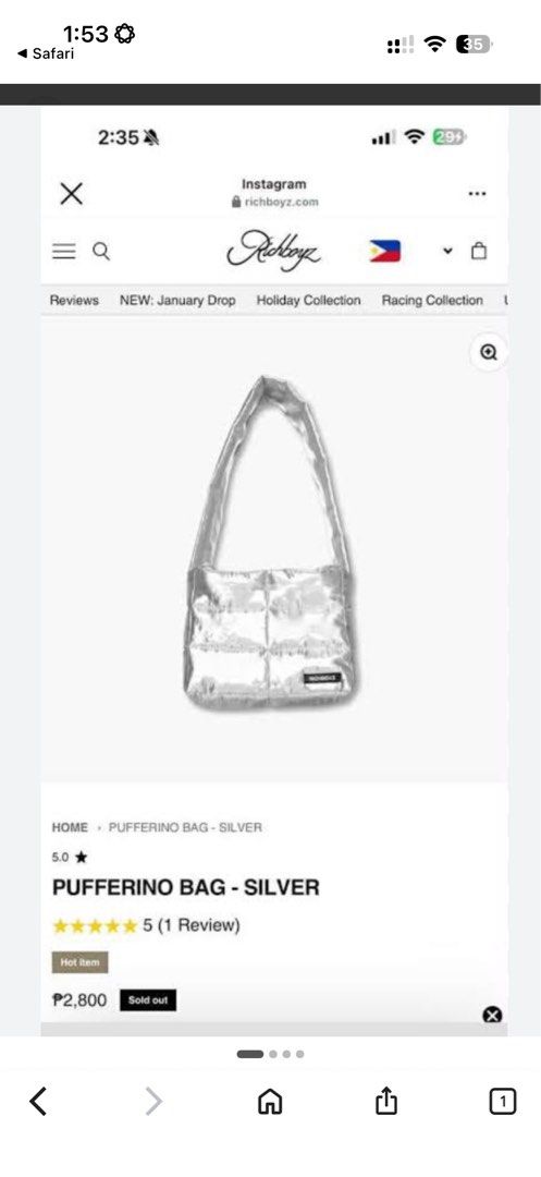 Richboyz Pufferino Bag Silver (Category: Shoulder Bags) located in Rosario. Submitted by chippycoco (Listing ID 1470766990, Image 1). Description: - Brand/Model: Richboyz Pufferino Bag - Color: Silver with a trendy metallic finish - Design: Quilted puffy style with bottom corner brand label - Features: Super lightweight material and a comfortable long strap - Condition/Status: Hard-to-find and currently sold out online.