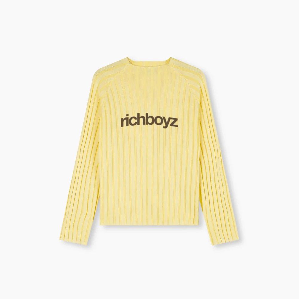 Richboyz Yellow Ribbed Knit Sweater (Category: Longsleeves) located in Manila. Submitted by retro.archive (Listing ID 1470829219, Image 1). Description: size large no issue, need wash only rfs: decluttering mod: jnt / lalamove / meet up if nearby loc: bulacan.