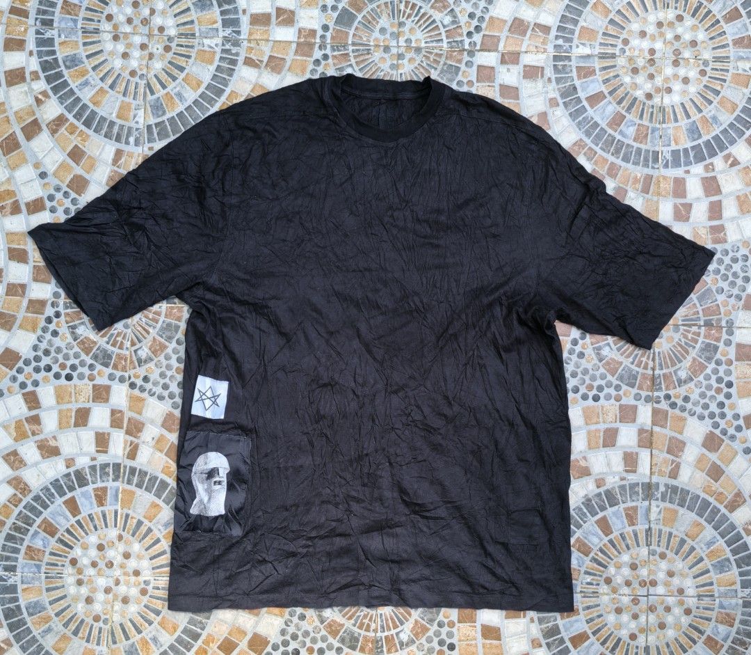 Rick Owens DRKSHDW Graphic Patch Black Tee (Category: Tshirts & Polo Shirts ) located in Quezon. Submitted by miksxthrift (Listing ID 1470788516, Image 1). Description: - Brand: Rick Owens DRKSHDW - Item: Oversized Graphic Tee - Color: Black - Size: Medium - Style Code: DU21S2380-RIG - Material: 100% cotton body with elastane blend details - Features: Distinct printed graphic patches on lower right front, crew neck, short sleeves - Origin: Made i