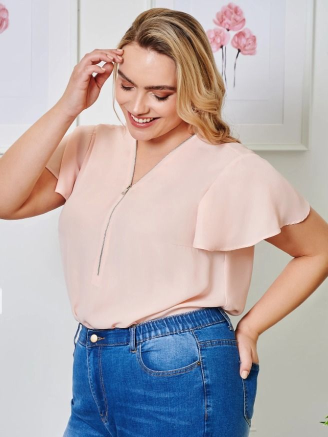 Rose Pink Zip Neck Flutter Sleeve Blouse (Category: Blouses) located in Bulacan. Submitted by nicschill18300 (Listing ID 1470871362, Image 1). Description: - Brand: Shein - Color: Rose pink - Size: XL - Details: Front zipper, cold-shoulder flutter sleeves, curved hemline - Fabric: Lightweight, perfect for warm weather or layering - Styling: Easily pairs with jeans or trousers - Features a V-neckline with a front zipper detail - Short sleeves with
