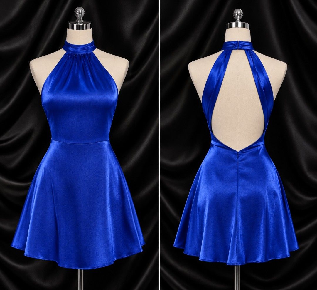 Royal Blue Halter Neck Open Back Mini Dress (Category: Dresses) located in Bulacan. Submitted by heathersdream.c0 (Listing ID 1470805258, Image 1). Description: - Color: Bright Royal Blue - Material: Smooth, silky satin - Design: Halter neck, pleated bodice, and dramatic open back - Closure: Neck clasp and lower back zipper - Fit: Fitted waist with a flared A-line skirt - Occasion: Ideal for parties, formals, and special events.