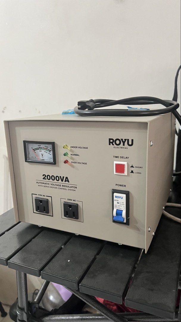 Royu 2000VA Automatic Voltage Regulator RAVR1P2.0KVA (Category: Electrical, Adaptors & Sockets) located in Mandaluyong City. Submitted by timmysulatan (Listing ID 1470813518, Image 1). Description: - Brand: Royu Automatic Voltage Regulator (AVR) - Capacity: Heavy duty 2000VA with Servo Motor Control System - Voltage: Input 150-250V, Output 220V - Outlets: Front 110V & 220V outlets + 3 international outlets at the back - Condition: Original box in