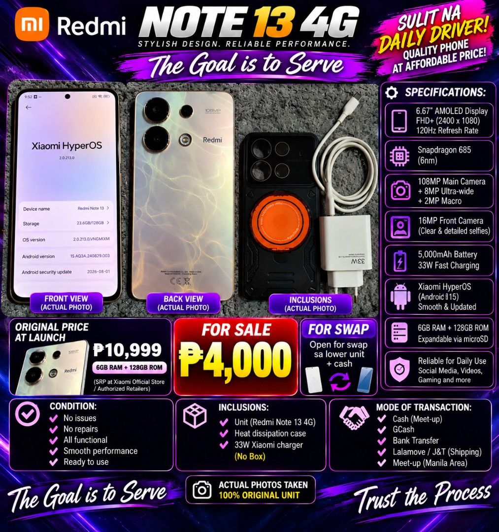 Rush Phones (Decluttering) (Category: Xiaomi) located in Manila. Submitted by trust0the0process (Listing ID 1470856999, Image 1). Description: Oppo Find N2 5G P16,000 Redmi Note 15 Pro 5G P11,500 Redmi Note 13 4G P4000 Samsung S20+ BTS Edition P4000 All phones are negotiable RFS: Decluttering, I bought new phone, and I need also cash for expenses Location: Tondo Manila Open for Cash on Pickup or Cash on Delivery within Metro Manila .