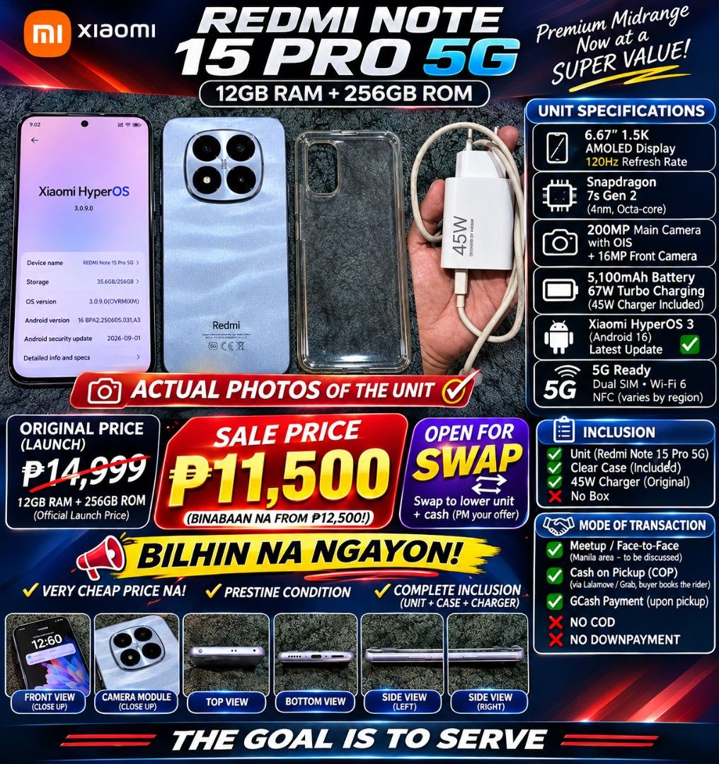 Rush Phones (Decluttering) (Category: Xiaomi) located in Manila. Submitted by trust0the0process (Listing ID 1470856999, Image 2). Description: Oppo Find N2 5G P16,000 Redmi Note 15 Pro 5G P11,500 Redmi Note 13 4G P4000 Samsung S20+ BTS Edition P4000 All phones are negotiable RFS: Decluttering, I bought new phone, and I need also cash for expenses Location: Tondo Manila Open for Cash on Pickup or Cash on Delivery within Metro Manila .