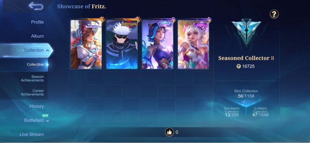 [Rush] Small MLBB Account (Category: Game Gift Cards & Accounts) located in Labo. Submitted by purplestxr (Listing ID 1470781411, Image 1). Description: 𝐬𝐦𝐚𝐥𝐥 𝐦𝐥𝐛𝐛 𝐚𝐜𝐜𝐨𝐮𝐧𝐭 (𝐧𝐛𝐦, 𝐫𝐮𝐬𝐡) - ₱900 (rushed price, + your fee if via mm) ★ not bm, first owner ★ highest rank: mythical glory, 55 ⭐️ ★ notable skins: Xavier - Gojo Satoru, Lunox - Libra, Mathilda - Dreambound Pixie ★ 400+ matches only - 59% win rate ☆ price is slightly ne