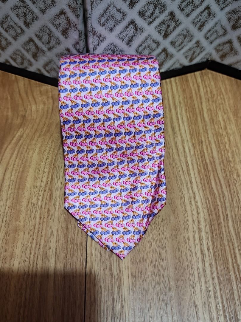 Rykiel Homme Cherry Print Silk Tie (Category: Ties) located in Makati City. Submitted by nyxhemera26 (Listing ID 1470811450, Image 1). Description: Rykiel Homme Cherry Print Silk Tie - Brand: Rykiel Homme - Material: 100% Silk (Made in France) - Color/Design: Pink with vibrant purple and pink cherries pattern - Style: Standard width necktie - Condition/Use: Great for adding color and personality to formal wear or business casual outfits .