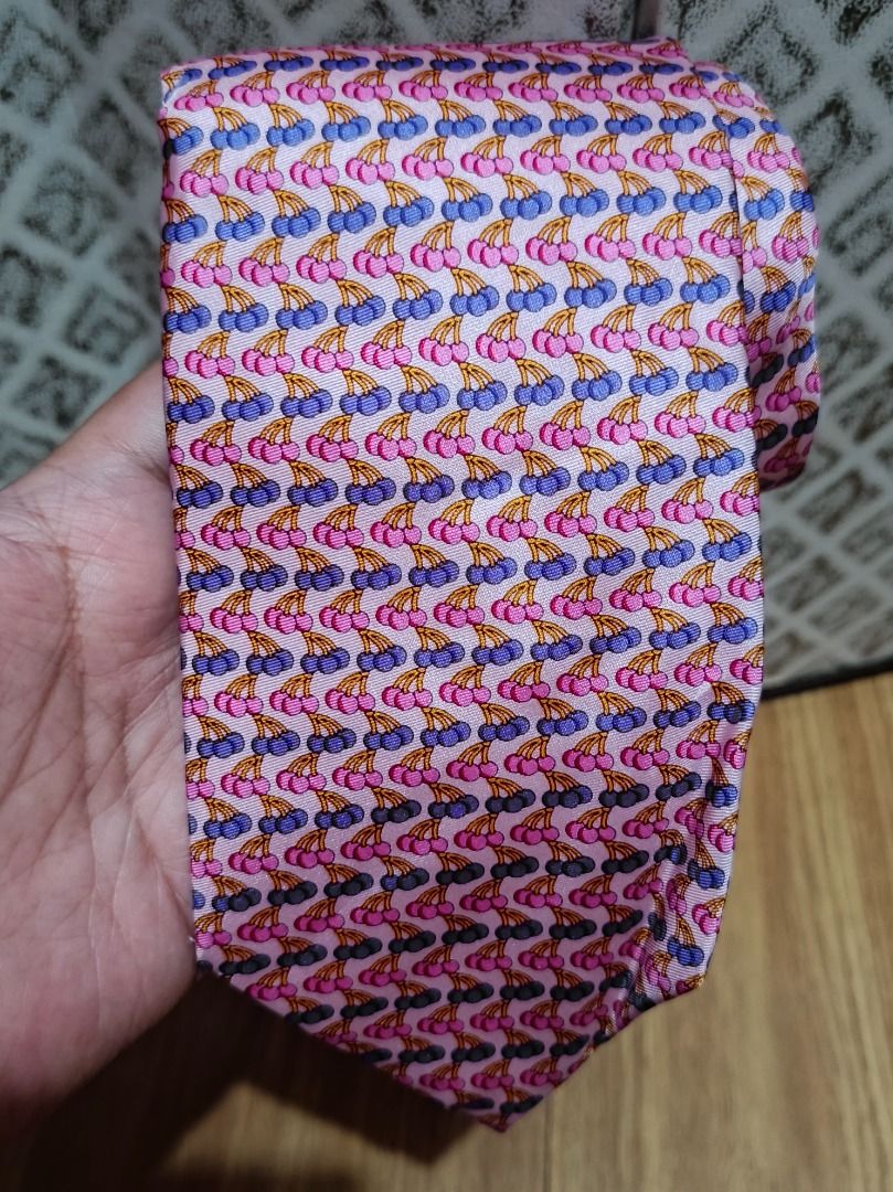 Rykiel Homme Cherry Print Silk Tie (Category: Ties) located in Makati City. Submitted by nyxhemera26 (Listing ID 1470811450, Image 2). Description: Rykiel Homme Cherry Print Silk Tie - Brand: Rykiel Homme - Material: 100% Silk (Made in France) - Color/Design: Pink with vibrant purple and pink cherries pattern - Style: Standard width necktie - Condition/Use: Great for adding color and personality to formal wear or business casual outfits .