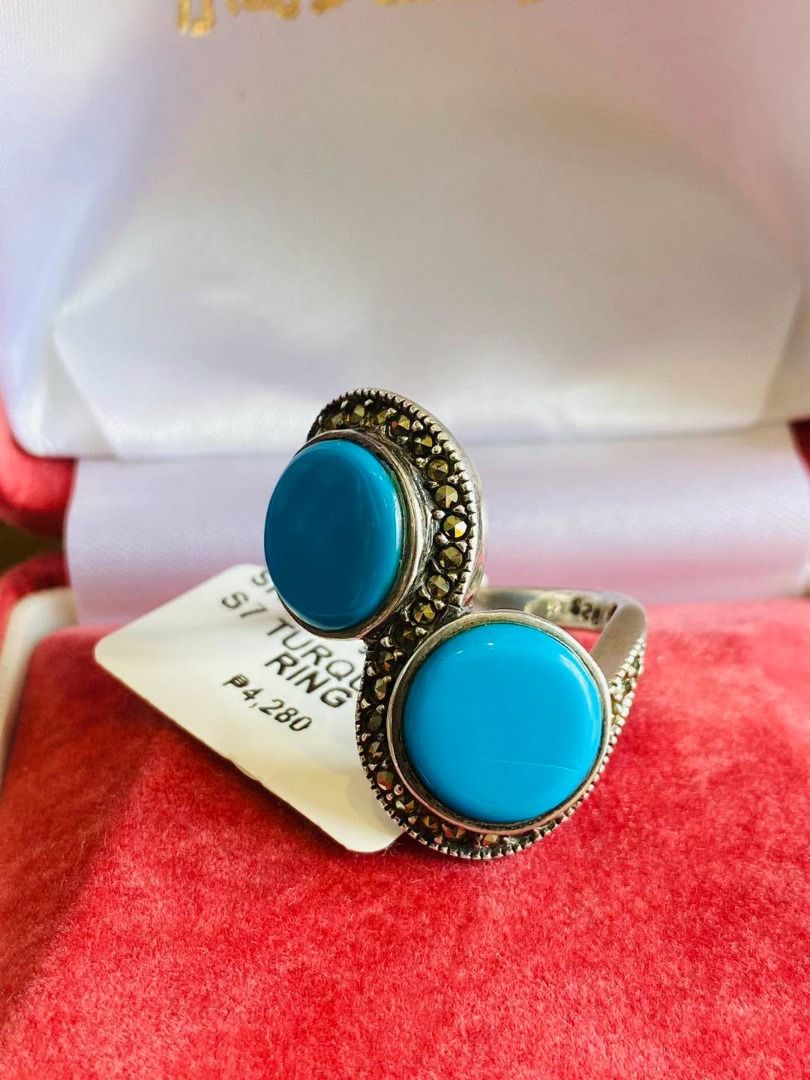 S7 VINTAGE TURQUOISE WITH MARCASITE SILVER RING (Category: Rings) located in Baguio. Submitted by asna_taku (Listing ID 1470819890, Image 1). Description: 💙✨ VINTAGE TURQUOISE WITH MARCASITE SILVER RING ✨💎 A captivating vintage beauty featuring two vibrant turquoise-blue stones beautifully arranged in an elegant, asymmetrical design! 💍💙 Surrounded by shimmering marcasite stones, this gorgeous silver ring showcases intricate detailing and a ti