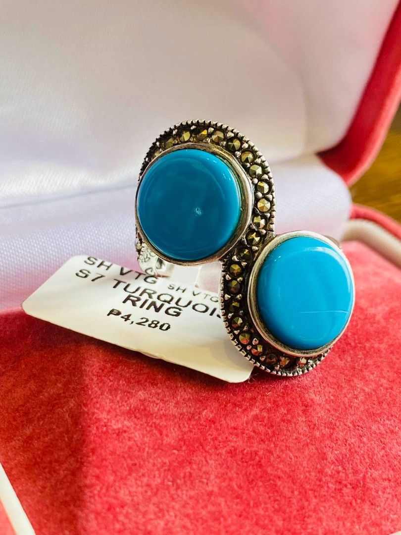 S7 VINTAGE TURQUOISE WITH MARCASITE SILVER RING (Category: Rings) located in Baguio. Submitted by asna_taku (Listing ID 1470819890, Image 2). Description: 💙✨ VINTAGE TURQUOISE WITH MARCASITE SILVER RING ✨💎 A captivating vintage beauty featuring two vibrant turquoise-blue stones beautifully arranged in an elegant, asymmetrical design! 💍💙 Surrounded by shimmering marcasite stones, this gorgeous silver ring showcases intricate detailing and a ti