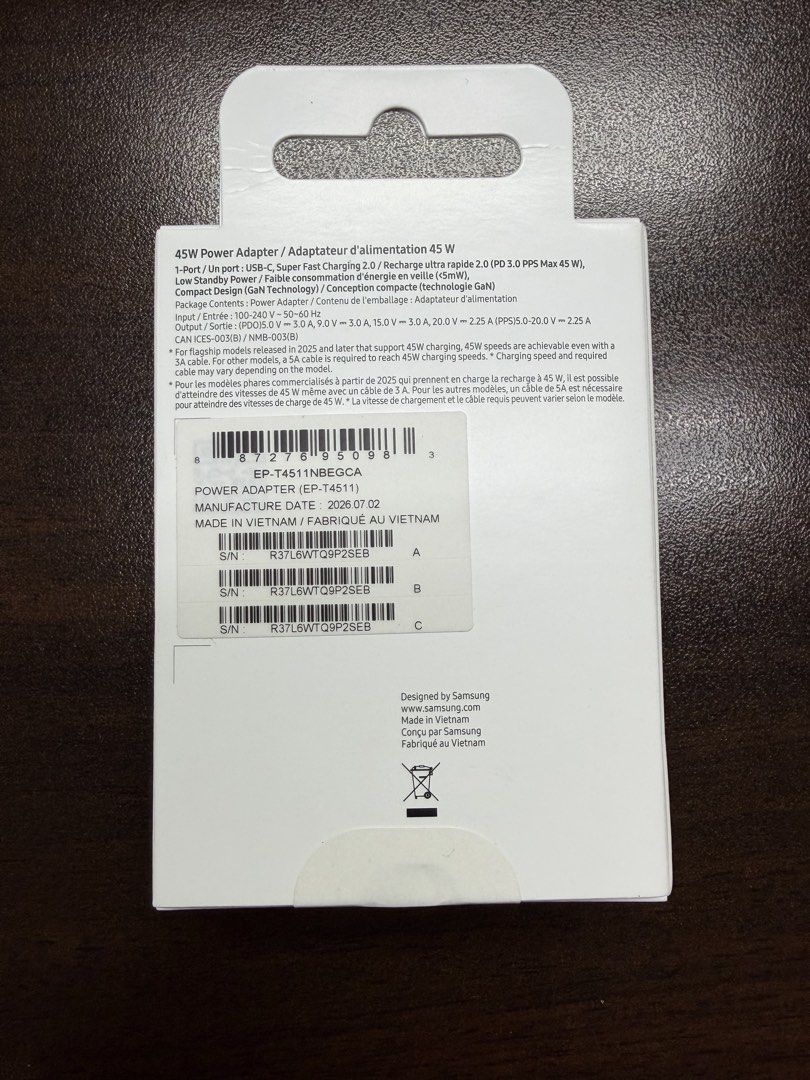 Samsung 45W Power Adapter Low Standby (Category: Chargers & Cables) located in Manila. Submitted by wired_24x7 (Listing ID 1470783798, Image 2). Description: .