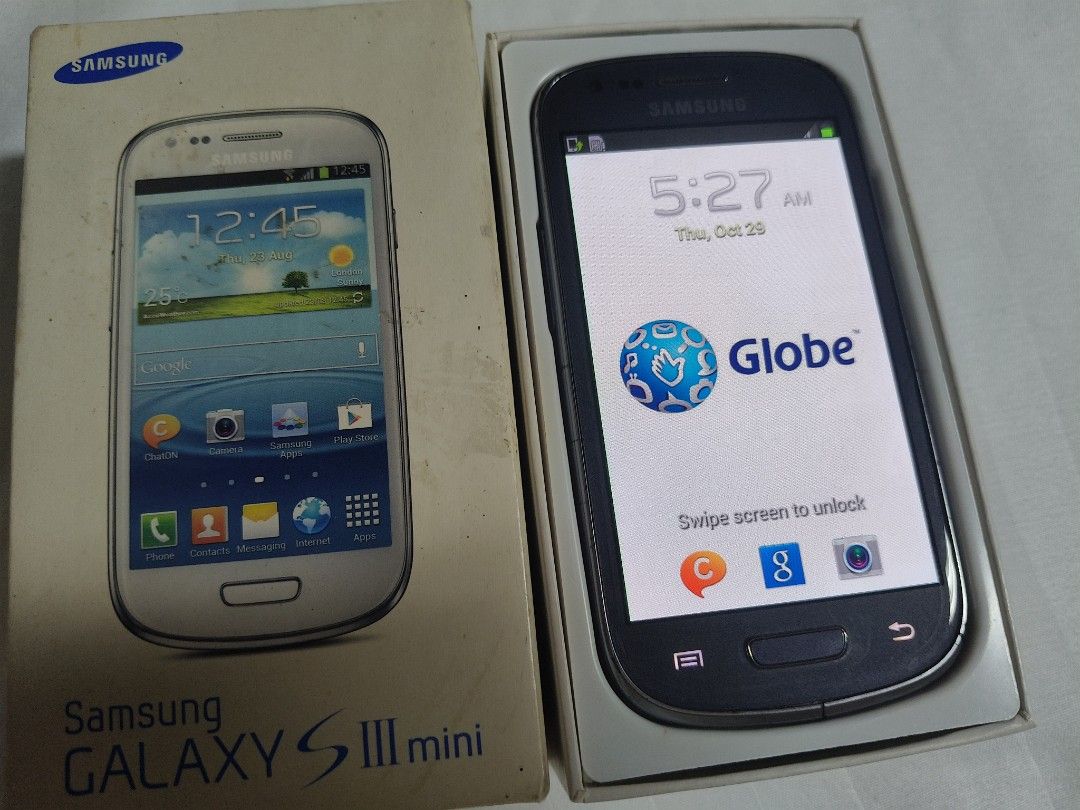 Samsung Galaxy S III Mini (Category: Samsung) located in Paranaque City. Submitted by momofaa (Listing ID 1470926518, Image 2). Description: - Brand/Model: Samsung Galaxy S3 Mini (GT-I8190) - Includes original product box - Compact design that fits easily in the hand or pocket - Pre-loved condition with visible standard wear on the body - Perfect reliable option for a secondary device or basic daily use Globe locked.