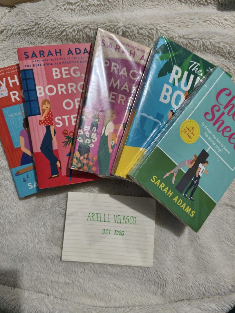 Sarah Adams Books (Category: Storybooks) located in Abucay. Submitted by booksbyjie (Listing ID 1470814260, Image 2). Description: - Collection of 5 popular romance novels by bestselling author Sarah Adams - Includes: When In Rome, Beg Borrow or Steal, Practice Makes Perfect, The Rule Book, and The Cheat Sheet - Condition: All books are wrapped in protective plastic film - Buying options: Available as a full bundle or individually - Genre: Contem