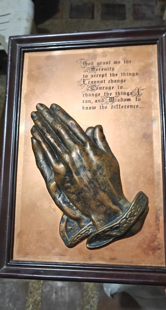 Serenity Prayer Vintage Solid Copper Plaque Framed Wall Decor (Category: Wall Decor) located in Paranaque City. Submitted by odd.palpal (Listing ID 1470915091, Image 3). Description: - Material: Solid copper with 3D praying hands relief - Design: Features the inspiring Serenity Prayer - Origin: Proudly made in the Philippines - Frame: Wood-tone frame, ready to hang with pre-installed hook .