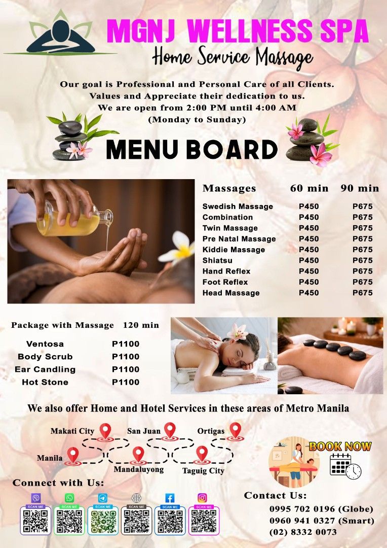 Service massage along manila area (Category: Everything Else Others) located in Manila. Submitted by homeservic65703 (Listing ID 1470856076, Image 2). Description: Home and Hotel Massage Service Swedish Shiatsu combination twin massage Head massage hand massage foot massage Keddie massage Combination with Massage Ventosa Earcandling Body scrub Hot stone THE PROFESSIONAL HANDS YOU CAN TRUST ❤️.