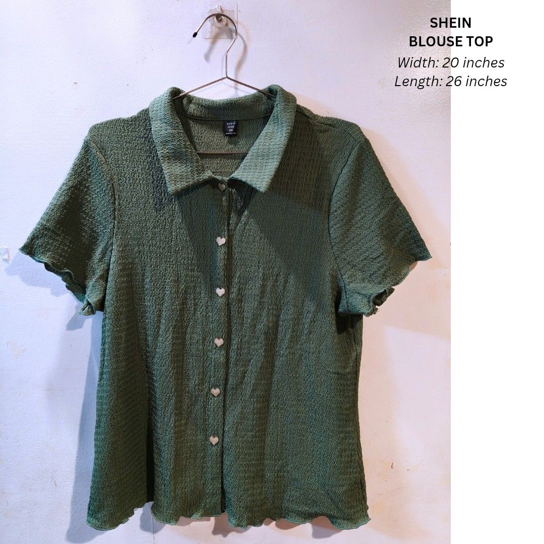 Shein blouse top (Category: Blouses) located in Quezon City. Submitted by trendyretro (Listing ID 1470924133, Image 1). Description: Brand new with pouch 1xl on tag premium textured fabric.
