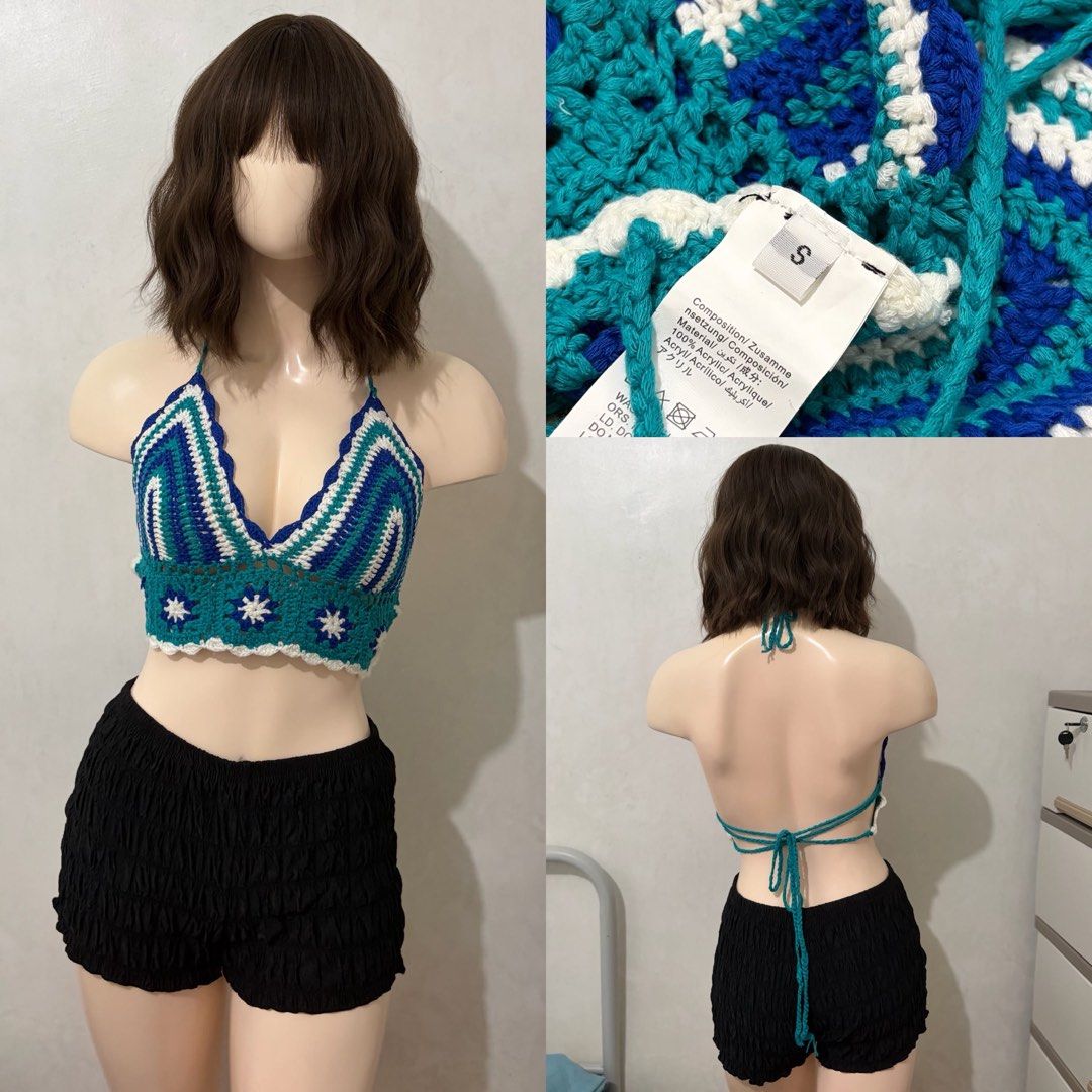 SHEIN Crochet Halter Backless Top (Category: Sleeveless) located in Pasay City. Submitted by angeladescallar (Listing ID 1470878460, Image 1). Description: brandnew with pouch.