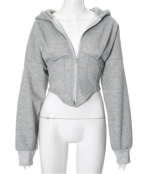 Shein Grey Corset Hoodie Cropped Jacket (Category: Coats, Jackets and Outerwear) located in Manila. Submitted by dianafayesimbre (Listing ID 1470814893, Image 1). Description: - Grey zip-up hoodie with front zipper closure - Trendy corset-style waist with a cropped fit - Long sleeves and attached hood - Soft and cozy fleece lining inside - Size: Teen 13Y on tag but can fit xxs to small - Great basic piece for everyday layering.