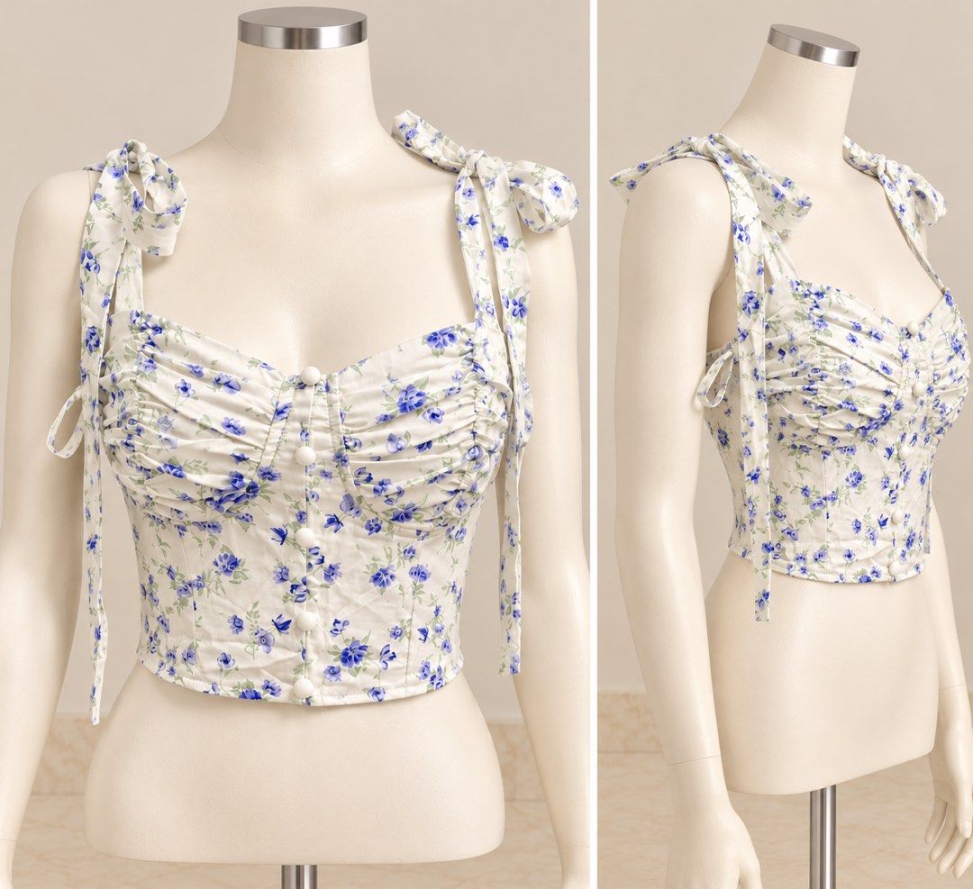 SHEIN MOD Floral Crop Top White Blue (Category: Sleeveless) located in Santa Cruz. Submitted by zellethrifts (Listing ID 1470929347, Image 2). Description: • Bought in Shein • Brand new / unused • Fits small to medium • In excellent condition • Photos taken using mannequin only 🚚 Shipping via J&T only 📦 Shipping fee to be shouldered by buyer 💳 Mode of payment: GCash 📍 Santa Cruz, Laguna.