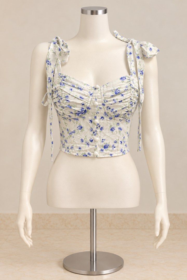 SHEIN MOD Floral Crop Top White Blue (Category: Sleeveless) located in Santa Cruz. Submitted by zellethrifts (Listing ID 1470929347, Image 1). Description: • Bought in Shein • Brand new / unused • Fits small to medium • In excellent condition • Photos taken using mannequin only 🚚 Shipping via J&T only 📦 Shipping fee to be shouldered by buyer 💳 Mode of payment: GCash 📍 Santa Cruz, Laguna.