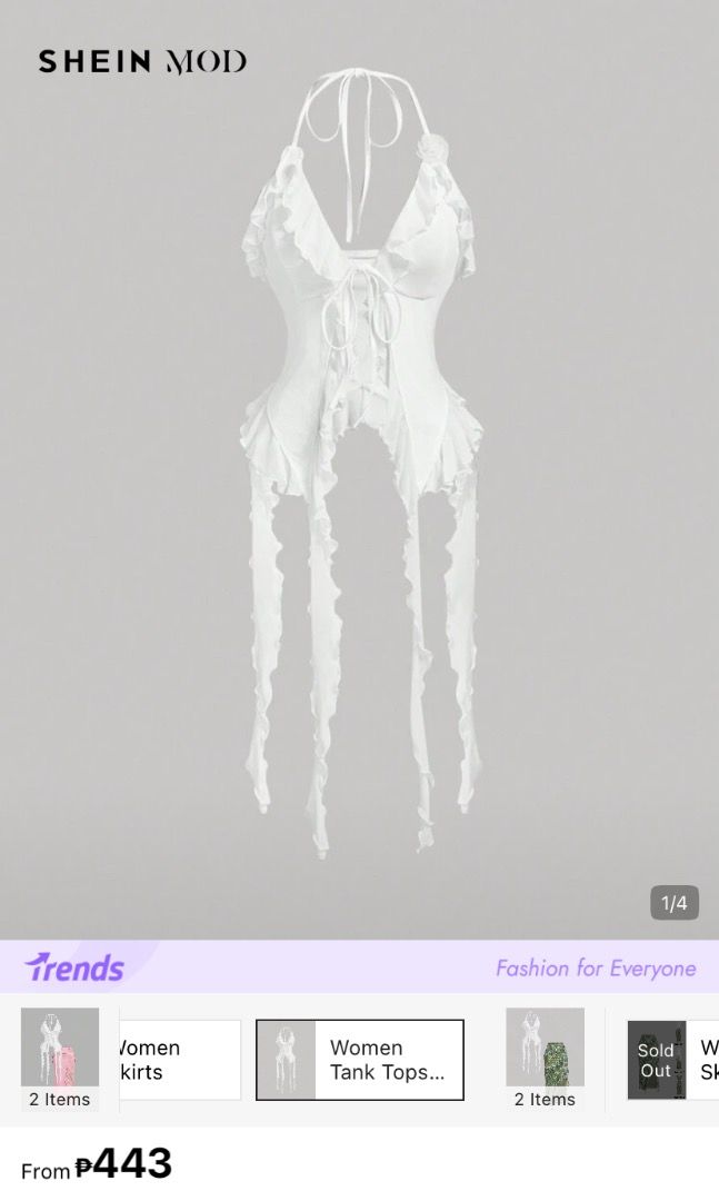 SHEIN MOD White Halter Ruffle Lace Up Top (Category: Sleeveless) located in Pateros City. Submitted by strawberhyun (Listing ID 1470814181, Image 3). Description: - Brand: SHEIN Mod - Size: M (Medium) - Color: White - Condition: Brand new with tags (never worn) - Material: Lightweight polyester blend, sheer mesh texture - Details: Ruffle trim on neckline and hem, adjustable lace-up front with long ties Used once only!.
