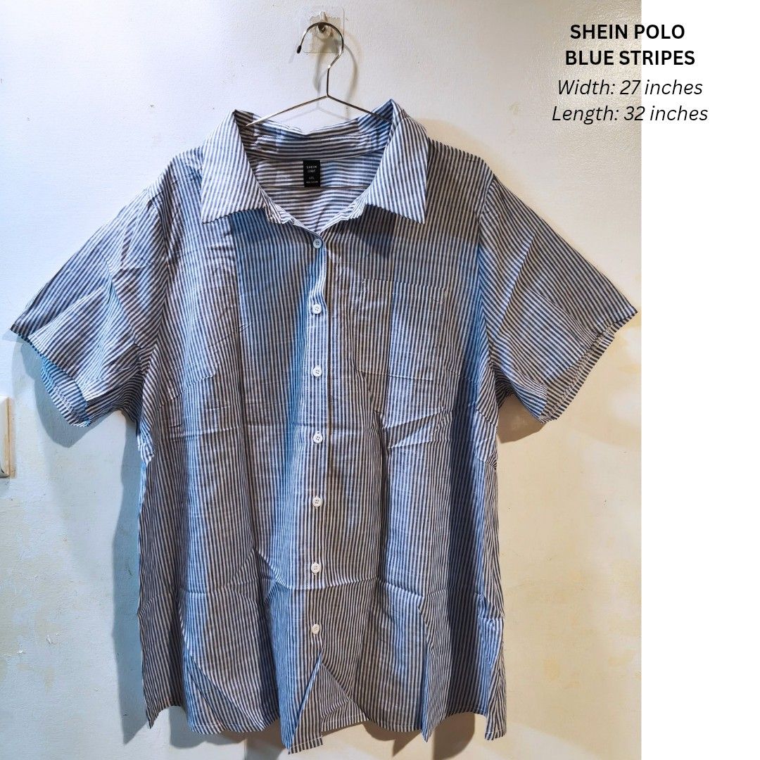 Shein Polo Blue Stripes (Category: Others Tops) located in Quezon City. Submitted by trendyretro (Listing ID 1470857017, Image 1). Description: Brand new with Shein pouch 4xl on tag Blue stripes Premium gingham fabric.