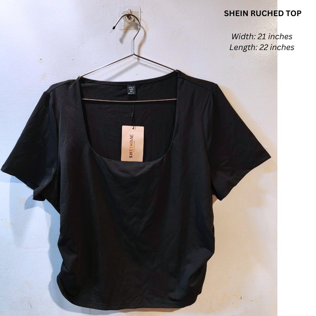 Shein ruched top (Category: Shirts) located in Quezon City. Submitted by trendyretro (Listing ID 1470915201, Image 1). Description: Brand new with tag and Shein pouch 3xl on tag ruched design premium fabric.