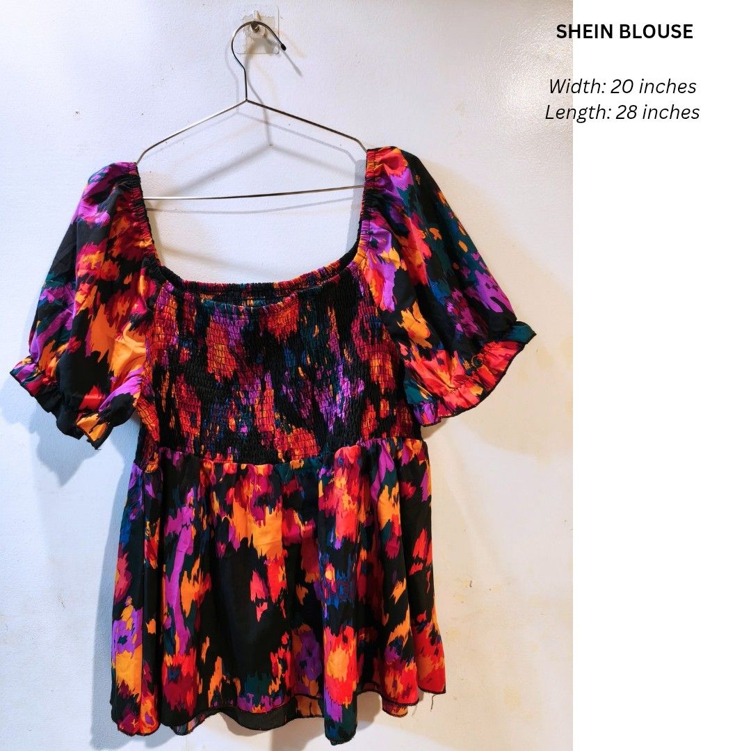 Shein smocked peplum top (Category: Others Tops) located in Quezon City. Submitted by trendyretro (Listing ID 1470916585, Image 1). Description: Brand new with pouch 3xl on tag smocked design - stretchable vibrant floral design.