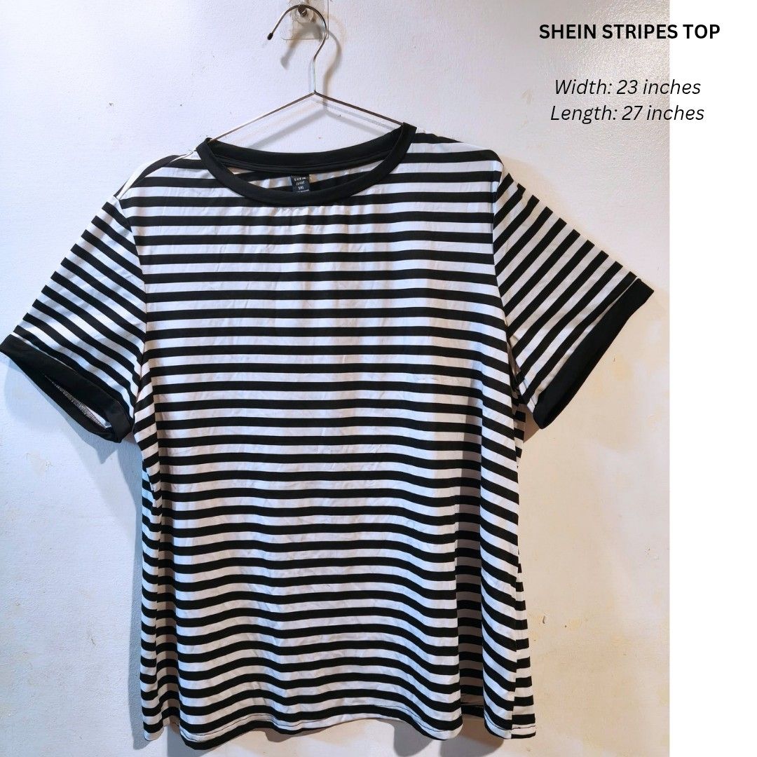 Shein stripes top (Category: Shirts) located in Quezon City. Submitted by trendyretro (Listing ID 1470916829, Image 1). Description: Nrand new with pouch 1xl on tag stretchable fabric.