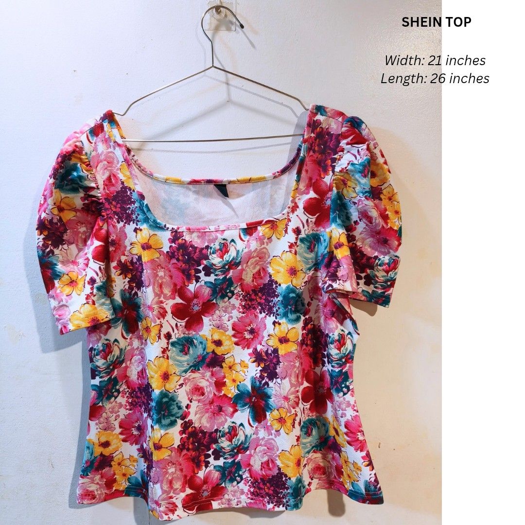SHEIN TOP BLOUSE (Category: Blouses) located in Quezon City. Submitted by trendyretro (Listing ID 1470914076, Image 1). Description: Brand new with pouch 2xl on tag floral design stretchable.