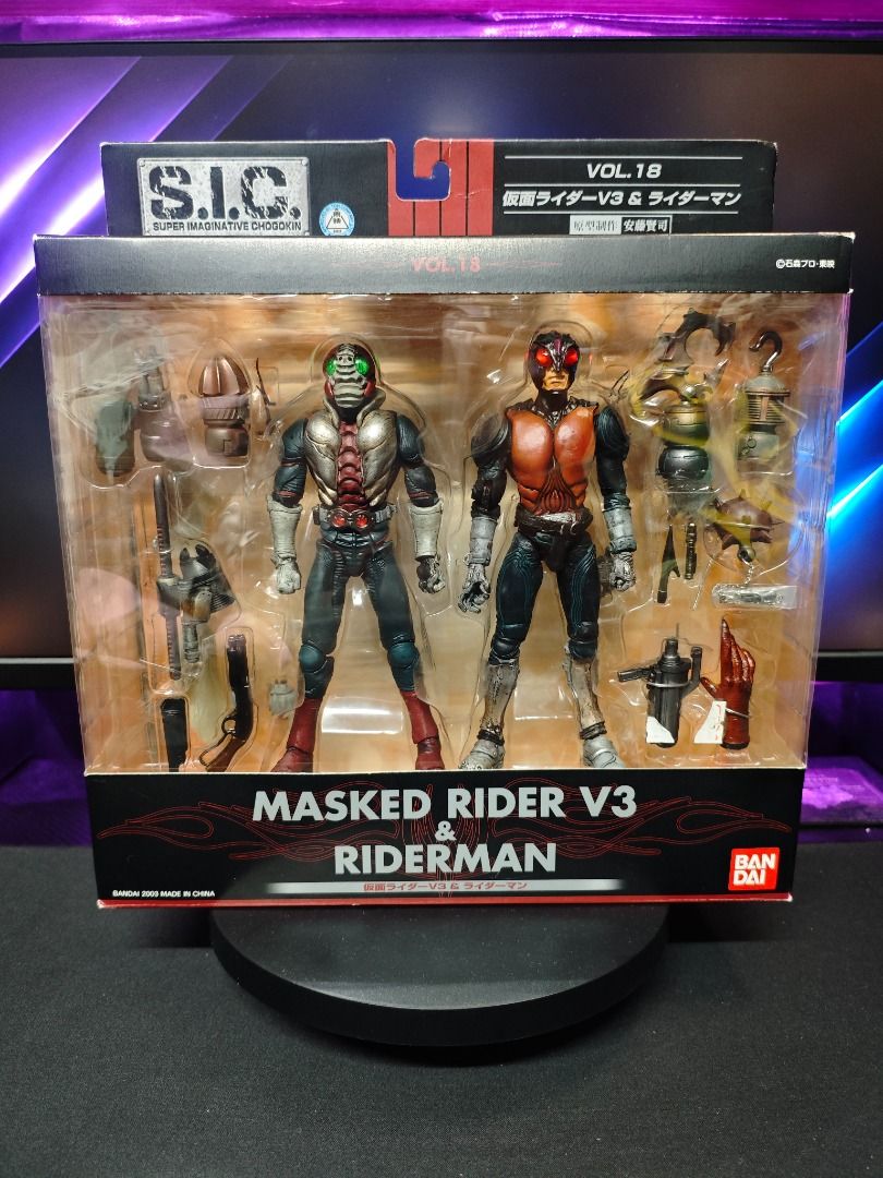 S.I.C. Masked Rider Action Figures Collection (Category: Figurines & Statues) located in San Juan City. Submitted by cratemax (Listing ID 1470787038, Image 2). Description: S.I.C. (Super Imaginative Chogokin) KAMEN RIDER Collection! Vintage and hard to find items. Price of each item: SIC Masked Rider V3 & Riderman Price: 4,000 SIC Masked Rider II & Shocher Rider Price: 3,800 SIC Masked Rider Kuuga Price: 3,500 SIC Shadow Moon & Black Price: 3,700