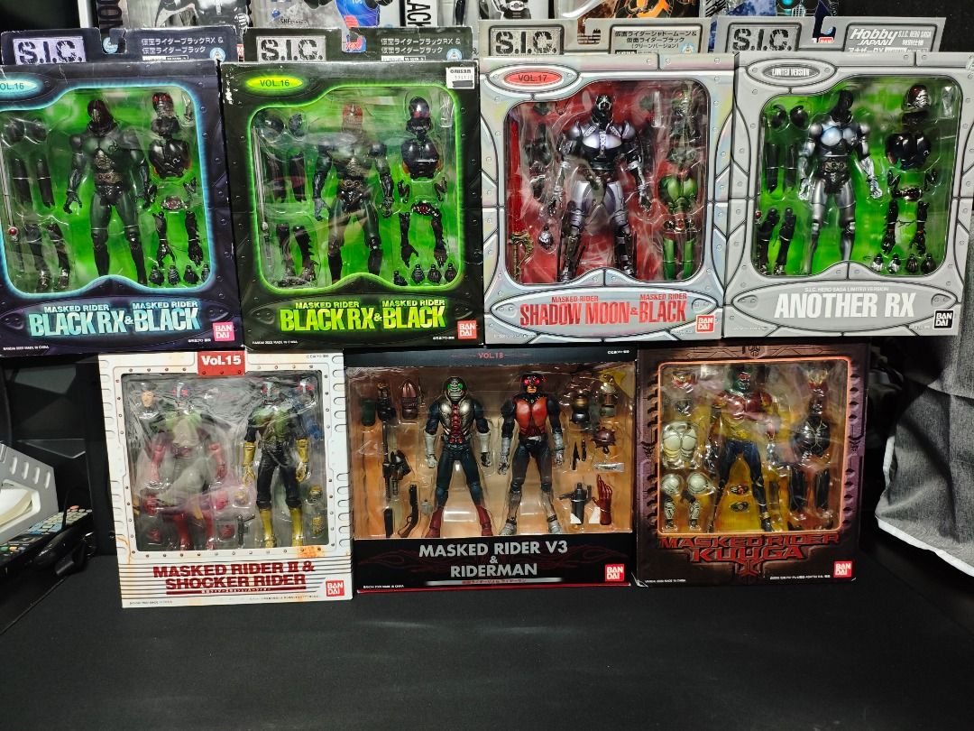 S.I.C. Masked Rider Action Figures Collection (Category: Figurines & Statues) located in San Juan City. Submitted by cratemax (Listing ID 1470787038, Image 1). Description: S.I.C. (Super Imaginative Chogokin) KAMEN RIDER Collection! Vintage and hard to find items. Price of each item: SIC Masked Rider V3 & Riderman Price: 4,000 SIC Masked Rider II & Shocher Rider Price: 3,800 SIC Masked Rider Kuuga Price: 3,500 SIC Shadow Moon & Black Price: 3,700