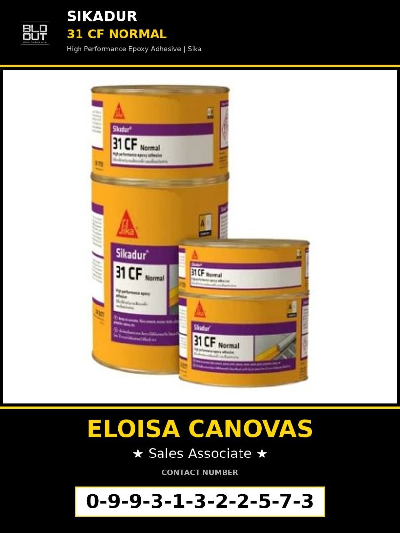 Sikadur 31 CF Normal High Performance Epoxy Adhesive (Category: Construction Tools & Equipment) located in Caloocan City. Submitted by mairelleeloisa_520 (Listing ID 1470750897, Image 1). Description: Product Description: Sikadur®-31 CF Normal is a 2-component, thixotropic, structural epoxy adhesive and repair mortar. It is a combination of epoxy resins and special fillers, designed for use at temperatures between +10°C and +30°C. It is ideal for