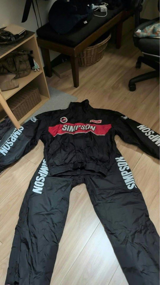 Simpson Black and Red Racing Suit Track Set (Category: Activewear) located in Guagua. Submitted by hampii (Listing ID 1470775350, Image 1). Description: - Simpson black and red racing suit set (Jacket and matching pants included) - Bold Simpson logos printed down the sleeves and legs - North Carolina USA branding on the chest and back - Durable windbreaker-style material, ideal for track days or streetwear - Full zip front jacket with high collar
