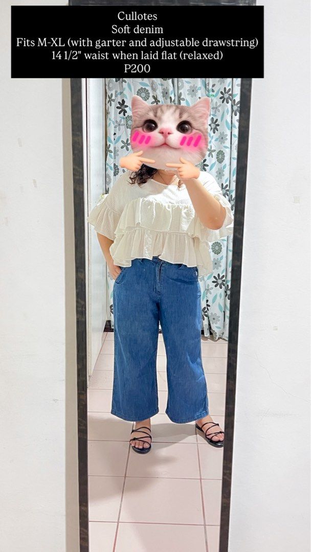 Soft Denim Cullotes (Category: Jeans) located in Cebu City. Submitted by fromreggg (Listing ID 1470854539, Image 1). Description: Cullotes Soft denim Fits M-XL (with garter and adjustable drawstring) 14 1/2” waist when laid flat (relaxed) P200.