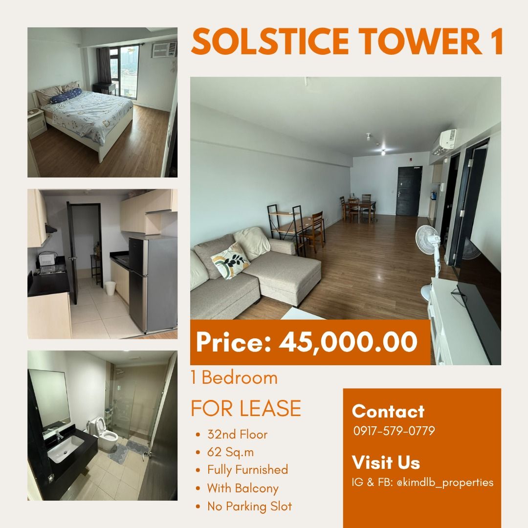 SOLSTICE TOWER 1- 1BEDROOM FOR LEASE (Category: Apartments & Condos) located in Makati City. Submitted by kimdlb_properties (Listing ID 1467915683, Image 1). Description: ✨ Live in the Heart of Makati’s Vibrant Lifestyle District! ✨ This beautifully curated, fully furnished 1-bedroom unit on the 32nd floor offers the perfect blend of modern comfort and urban convenience. Enjoy breathtaking city views from your private balcony and step right out i