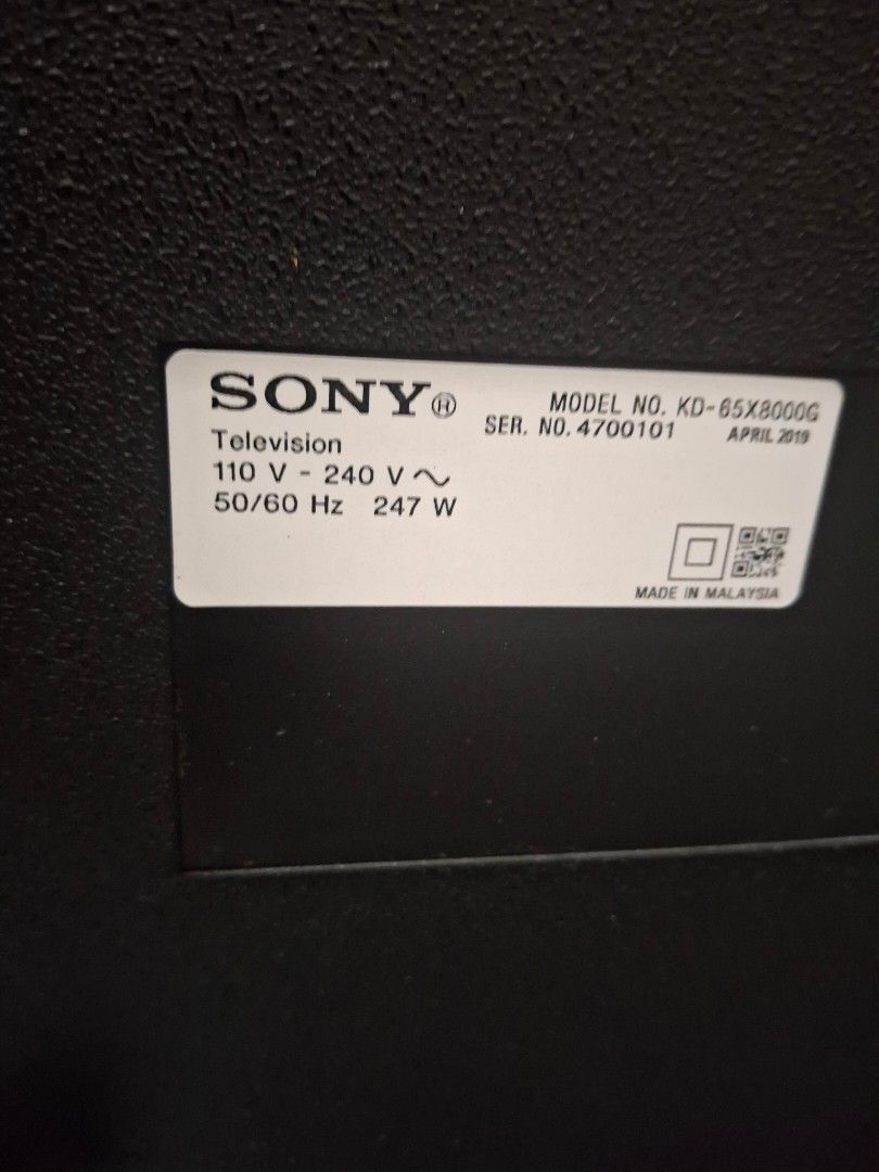 Sony 65 inch KD-65X8000G TV (Category: TV) located in Plaridel. Submitted by olxph_184986081 (Listing ID 1470810421, Image 3). Description: Sony 65-inch television, model KD-65X8000G. Screen has vertical colored lines down the middle area. Powers on, audio and inputs work, but display panel requires repair . Manufactured April 2019. Bought brand new..