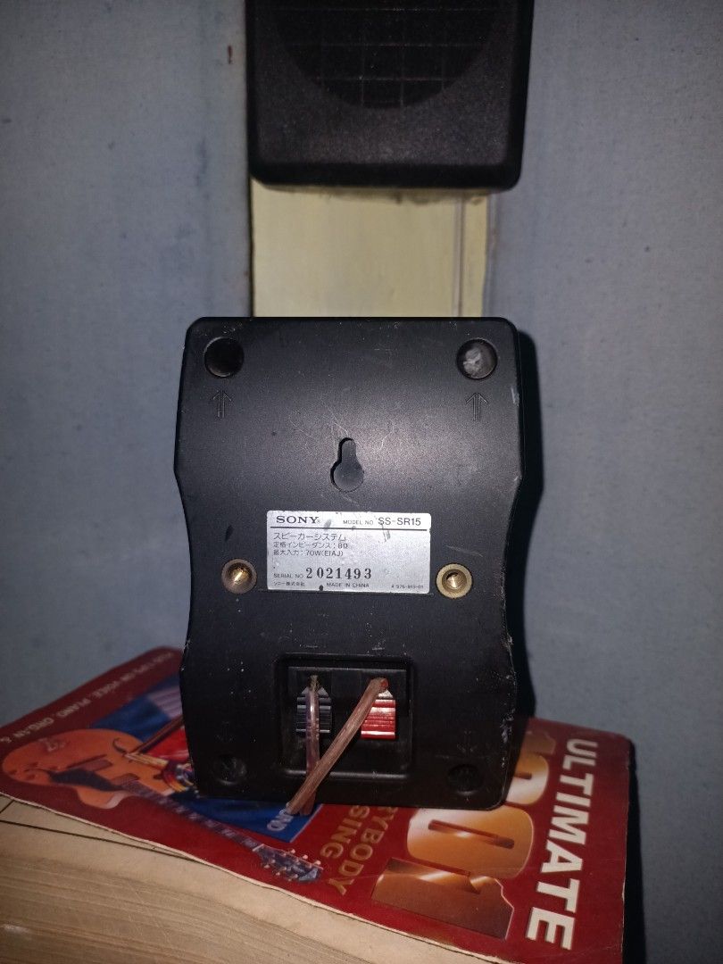 Sony SS-SR15 Speakers Pair (Category: Soundbars, Speakers & Amplifiers) located in Taguig. Submitted by grandfish_55ab5c (Listing ID 1470893862, Image 2). Description: - Model: Sony SS-SR15 Bookshelf Speakers - Color: Classic black finish - Power: 70W max input, 8 ohm impedance - Features: Wired cable terminals & integrated wall mount slots - Origin: Made in China - Condition: Tested, working fine, and clean with minor storage scuffs.