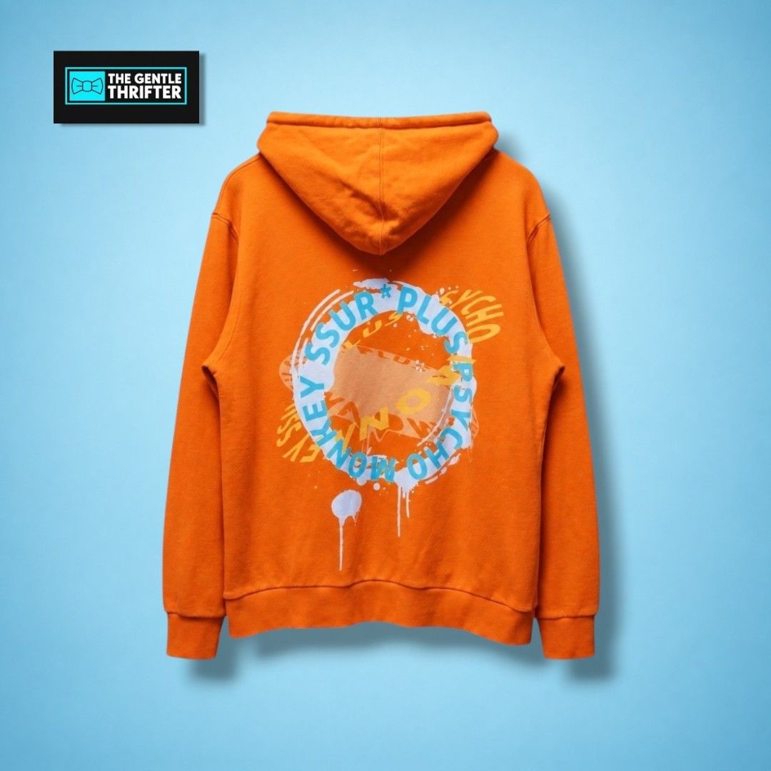 Ssur Plus X Psycho Monkey Orange Hoodie (Category: Coats, Jackets and Outerwear) located in Quezon City. Submitted by thegentlethrifter_1.0 (Listing ID 1470844368, Image 2). Description: Color Rate: 9.8/10 (Excellent Condition) Size on Tag: S (Mens) Fit to: S to M (Mens) M to L (Womens) Oversized Price: Php 400 + Shipping Dimes: 27 inches (Length) 21.5 inches (Width) Issue: Oil Stains (Check the last picture) Note: More verification may be requir