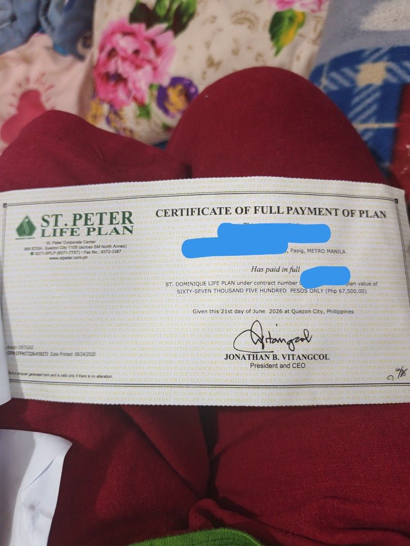 St. Peter Life Plan Certificate of Full Payment (Category: Looking For) located in Pasig City. Submitted by kayie625 (Listing ID 1470863480, Image 1). Description: - Plan Type: St. Peter Life Plan (Dominique Plan) - Total Value: ₱67,500 - Branch Pasig City - Status: Fully paid, document ready for transfer or reference - Guaranteed hassle-free transaction from a trusted seller.